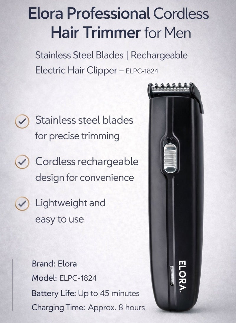 ELORA Professional Cordless Hair Trimmer for Men | Stainless Steel Blades | Rechargeable Electric Hair Clipper for Barbers & Stylists – ELPC-1824 - Image 1